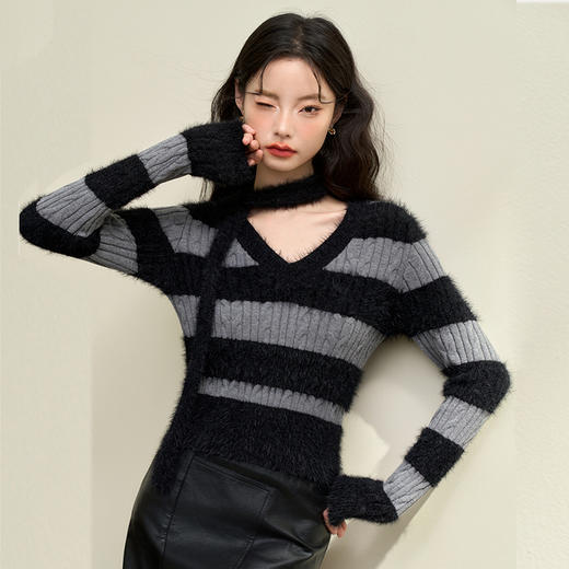 甜酷拼接条纹长袖针织毛衣女秋季性感V领修身上衣搭飘带V4142930 商品图3