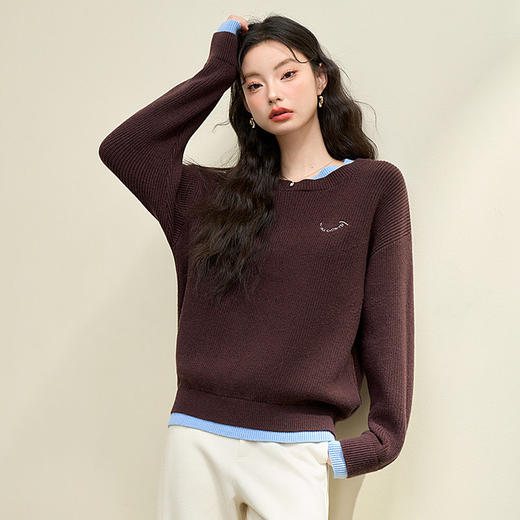 绵羊毛设计感撞色假两件笑脸刺绣长袖针织衫女秋季毛衣V4142612 商品图2