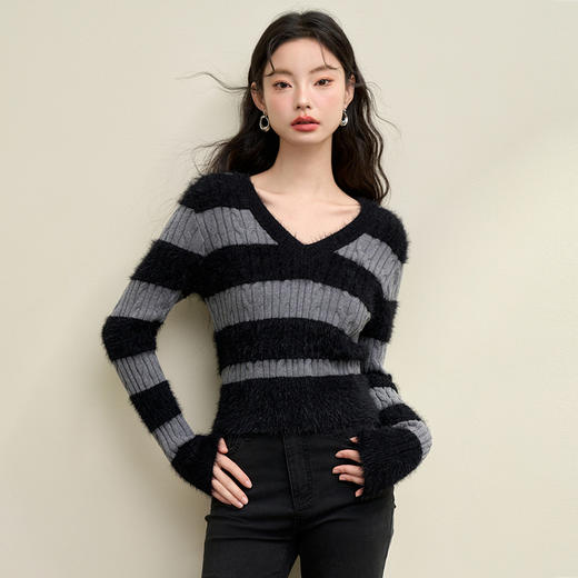 甜酷拼接条纹长袖针织毛衣女秋季性感V领修身上衣搭飘带V4142930 商品图2