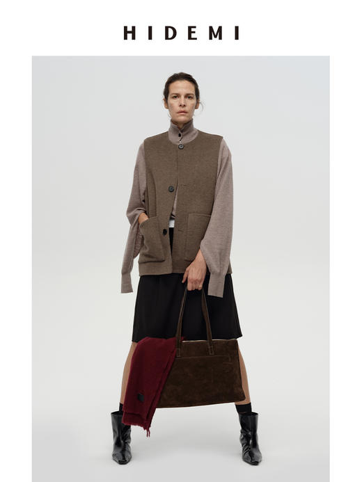 HIDEMI 进口澳洲羊毛双面呢色织格纹纽扣马甲两件套式极简廓形大衣外套 商品图5