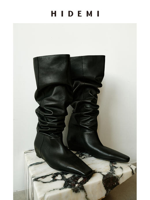 HIDEMI 【张小斐同款】进口牛皮经典方尖头内增高堆堆感显瘦长靴马靴 黑色牛皮|棕色麂皮 商品图1
