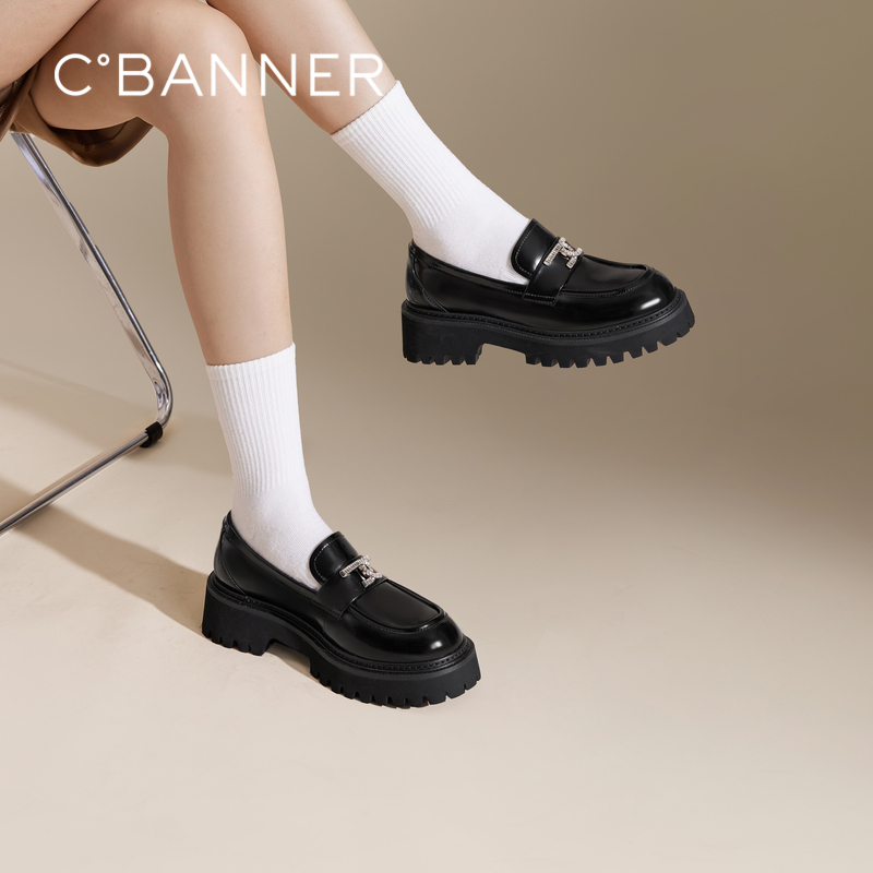 千百度复古新中式厚底乐福鞋女款秋季深口黑色小皮鞋增高A24453906