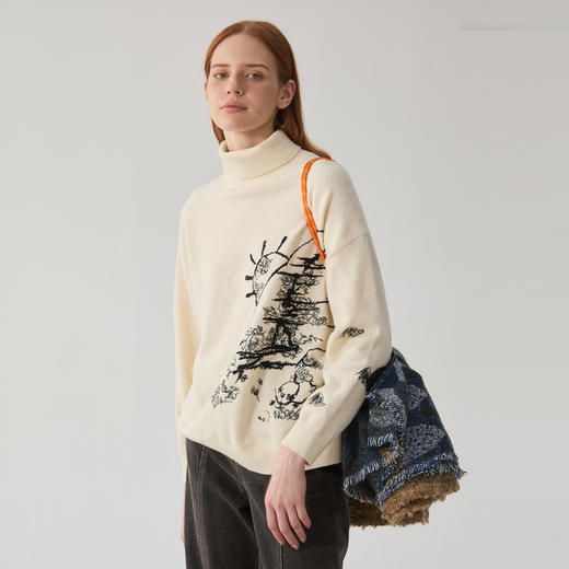 谜底高领毛衣女2024冬季新品复古风绣花百搭套头针织衫244MZ1878 商品图1