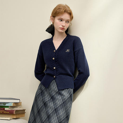 学院风设计感刺绣V领针织开衫女轻薄保暖收腰外套V3842699 商品图2