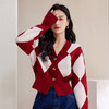 西遇复古针织开衫女秋季新款白色菱格短款红色毛衣外套SS141152 商品缩略图2