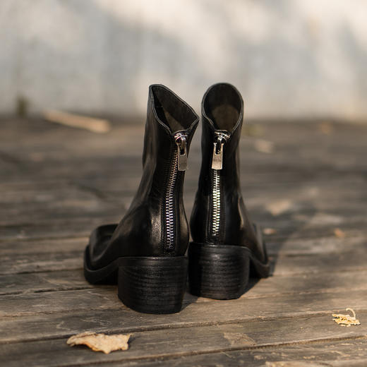 【阿么古纹马皮鞋】方头后拉链小众时尚短靴5CM复古高跟秋冬瘦瘦靴 商品图3