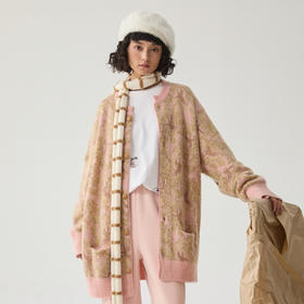 谜底针织开衫女2024冬季新品复古风提花中长款宽松毛衣244MZ1859