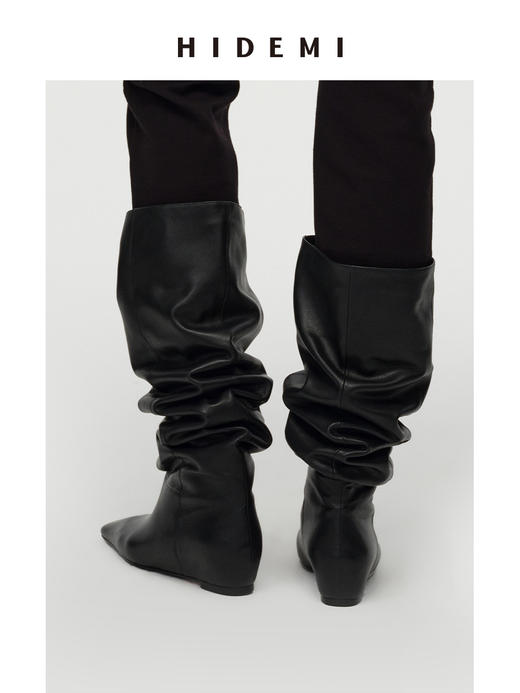 HIDEMI 【张小斐同款】进口牛皮经典方尖头内增高堆堆感显瘦长靴马靴 黑色牛皮|棕色麂皮 商品图13