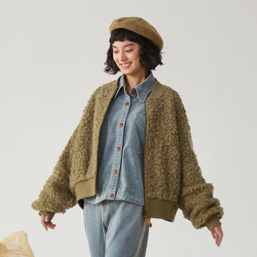 谜底羊毛混纺大衣女士2024冬季新品百搭短款棒球领毛呢244MD1548 商品图2