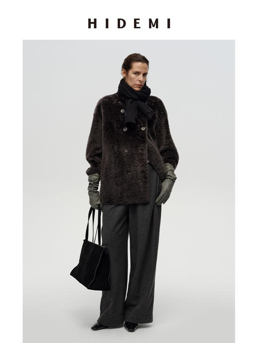 HIDEMI 进口胎羔羊皮毛一体双排扣经典款廓形极简设计感皮草大衣皮衣 商品图0