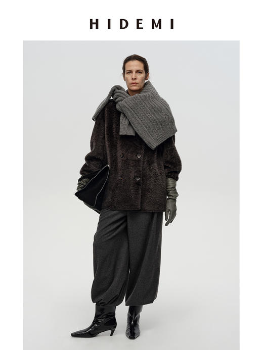 HIDEMI 进口胎羔羊皮毛一体双排扣经典款廓形极简设计感皮草大衣皮衣 商品图6