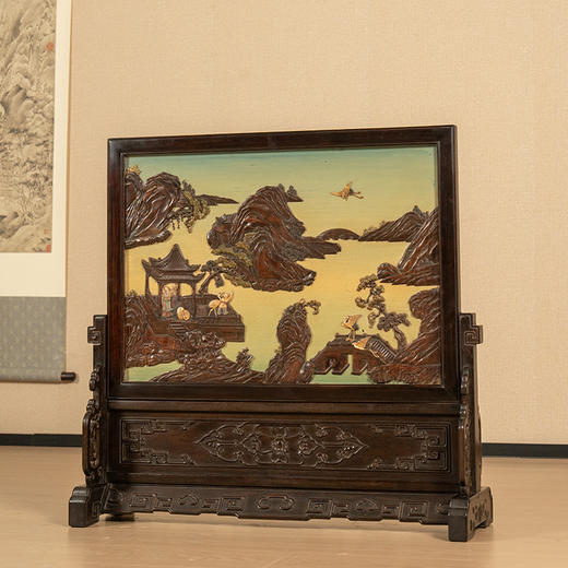 清 红木镶漆地百宝嵌山水人物大插屏 商品图1
