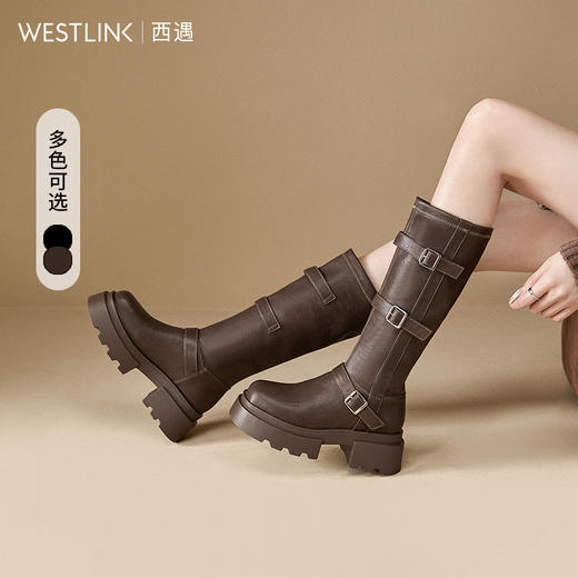 西遇长筒骑士靴女小个子新款秋冬英伦风皮带扣机车靴厚底长靴V3747763 商品图0