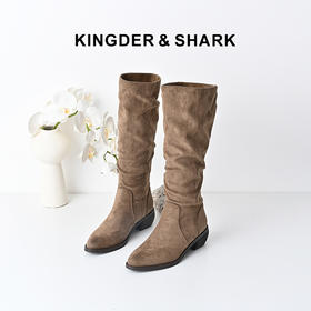 经典鲨女鞋2024年冬新款优雅尖头百搭黑色套筒潮流褶皱长筒靴KW328-D58051