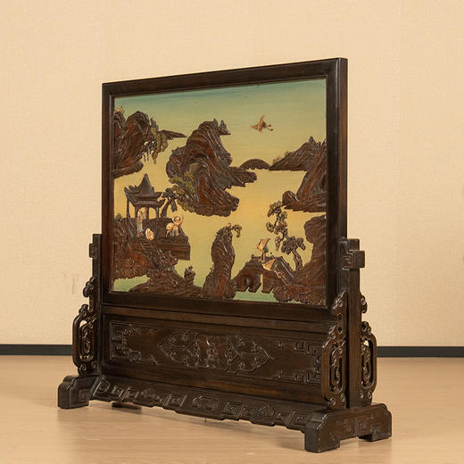 清 红木镶漆地百宝嵌山水人物大插屏 商品图4