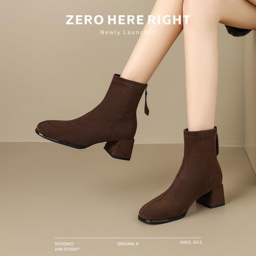 ZHR则则百搭绒面短靴女2024新款方头时装靴粗跟美拉德瘦瘦靴女靴 商品图7