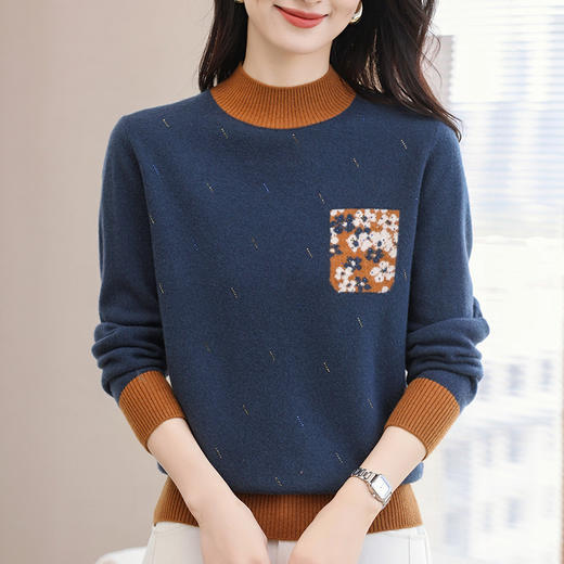 CC-38-6228宽松秋冬季100纯羊毛女士上衣新款半高领时尚针织加厚打底衫毛衣 商品图1