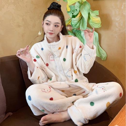 遛弯拉拉立领家居服可外穿套装加厚保暖半边绒睡衣甜美加厚复合羊羔绒方格秋冬家居服HLY 商品图6