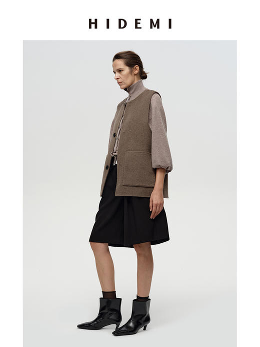 HIDEMI 进口澳洲羊毛双面呢色织格纹纽扣马甲两件套式极简廓形大衣外套 商品图7