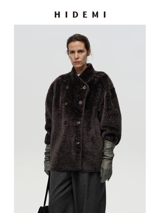 HIDEMI 进口胎羔羊皮毛一体双排扣经典款廓形极简设计感皮草大衣皮衣 商品图4