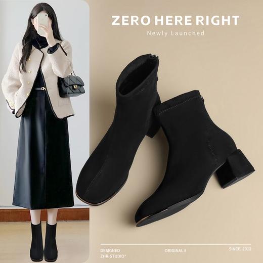 ZHR则则百搭绒面短靴女2024新款方头时装靴粗跟美拉德瘦瘦靴女靴 商品图0