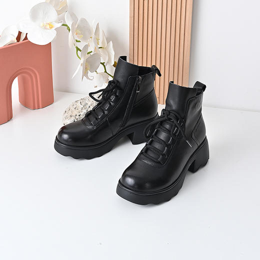经典鲨女鞋2024年冬款百搭圆头侧拉链系带加绒加厚通勤马丁靴KW333-D58081 商品图3