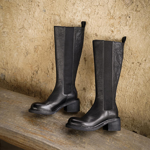 【阿么古纹马皮鞋】粗跟长筒靴6CM显瘦时尚小个子冬季不过膝靴子 商品图2