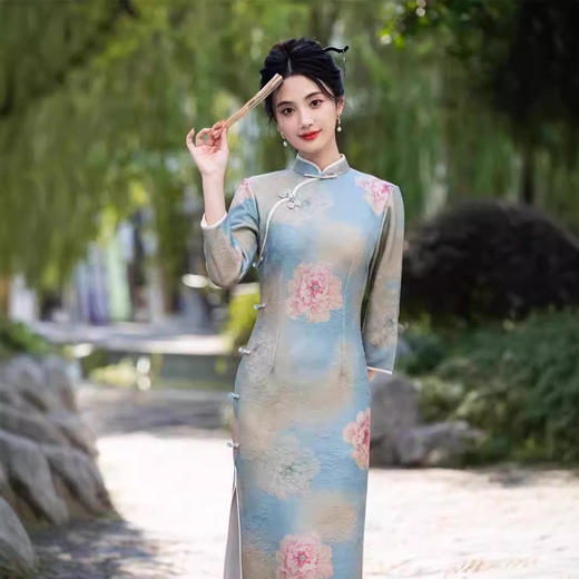 花开富贵晕染修身，云岚绒印花长款旗袍SJT698 商品图1