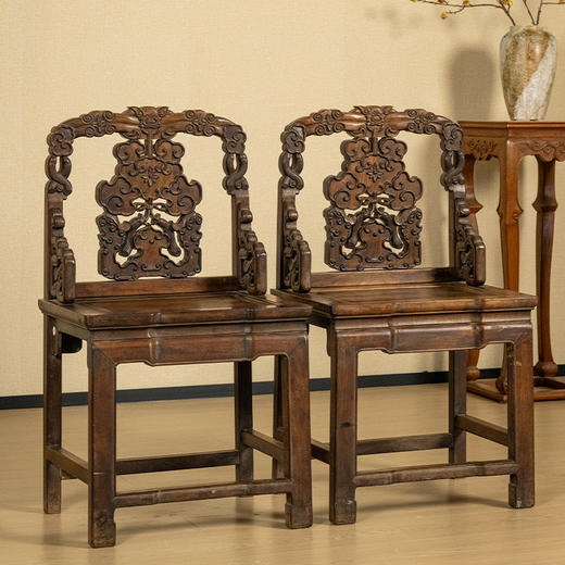 清 红木透雕福庆有余靠背椅（一对） 商品图1