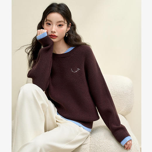 绵羊毛设计感撞色假两件笑脸刺绣长袖针织衫女秋季毛衣V4142612 商品图3