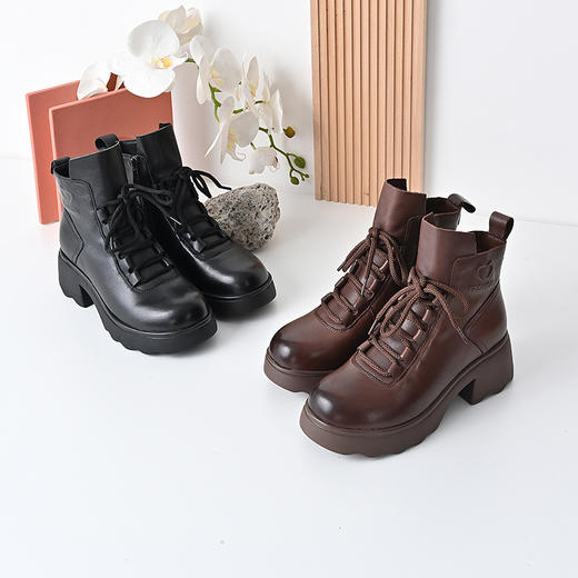 经典鲨女鞋2024年冬款百搭圆头侧拉链系带加绒加厚通勤马丁靴KW333-D58081 商品图1