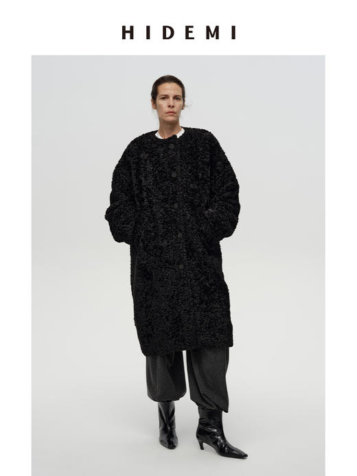 HIDEMI 极简圆领廓形设计感可再生纤维环保皮草毛毛大衣皮衣 商品图5
