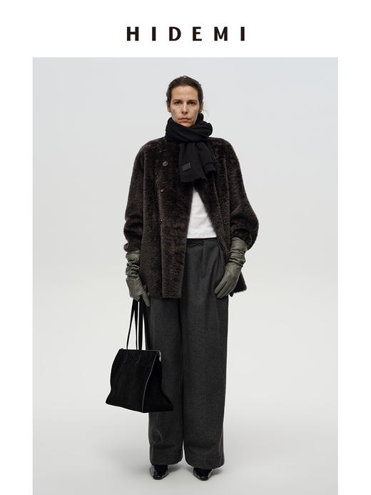 HIDEMI 进口胎羔羊皮毛一体双排扣经典款廓形极简设计感皮草大衣皮衣 商品图3