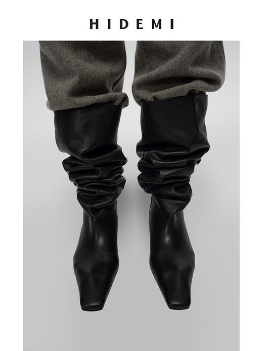 HIDEMI 【张小斐同款】进口牛皮经典方尖头内增高堆堆感显瘦长靴马靴 黑色牛皮|棕色麂皮 商品图12