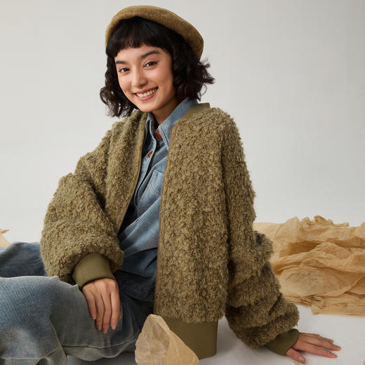 谜底羊毛混纺大衣女士2024冬季新品百搭短款棒球领毛呢244MD1548 商品图1