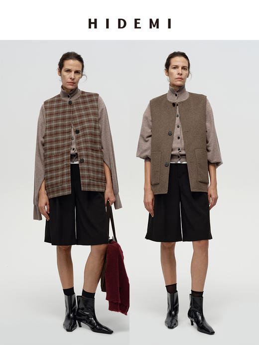 HIDEMI 进口澳洲羊毛双面呢色织格纹纽扣马甲两件套式极简廓形大衣外套 商品图2