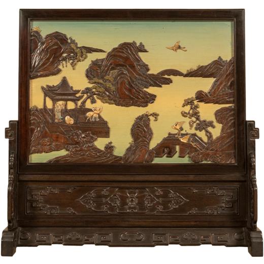 清 红木镶漆地百宝嵌山水人物大插屏 商品图5