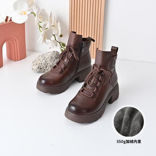 经典鲨女鞋2024年冬款百搭圆头侧拉链系带加绒加厚通勤马丁靴KW333-D58081 商品图2