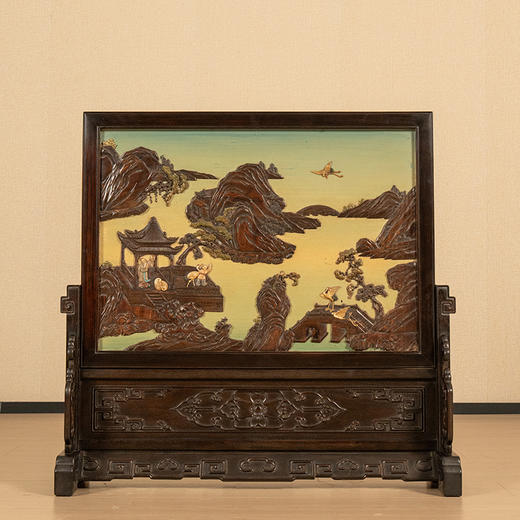 清 红木镶漆地百宝嵌山水人物大插屏 商品图0