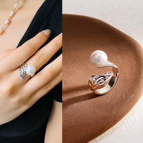 ysxb-10006【云赏珠宝】海上明珠系列-设计款高品质天然强光正圆无暇珍珠s925银海波浪纹戒指