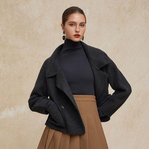 PH941斯尔丽24新款含骆驼绒双面呢大翻驳领廓形小个子百搭短款羊毛大衣 商品图6