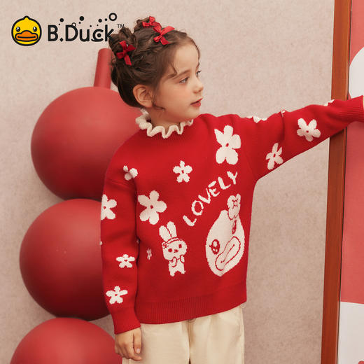B.Duck小黄鸭童装花边圆领套头针织衫冬季女童毛衣105-150 FF5512905 商品图2