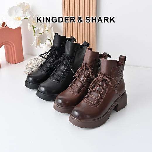经典鲨女鞋2024年冬款百搭圆头侧拉链系带加绒加厚通勤马丁靴KW333-D58081 商品图0