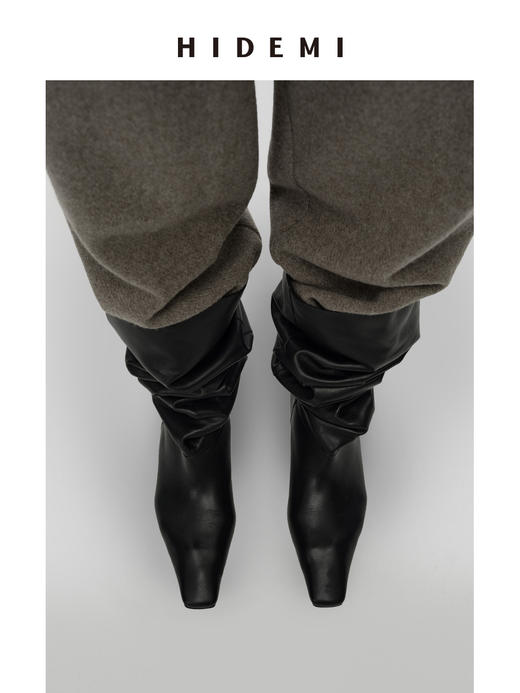 HIDEMI 【张小斐同款】进口牛皮经典方尖头内增高堆堆感显瘦长靴马靴 黑色牛皮|棕色麂皮 商品图11