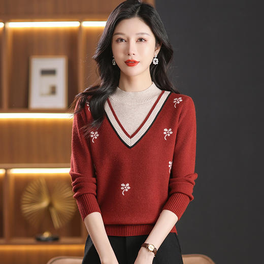 CC-101-69137半高领毛衣女短款假两件上衣秋冬新款内搭条纹羊毛针织打底衫冬季 商品图0