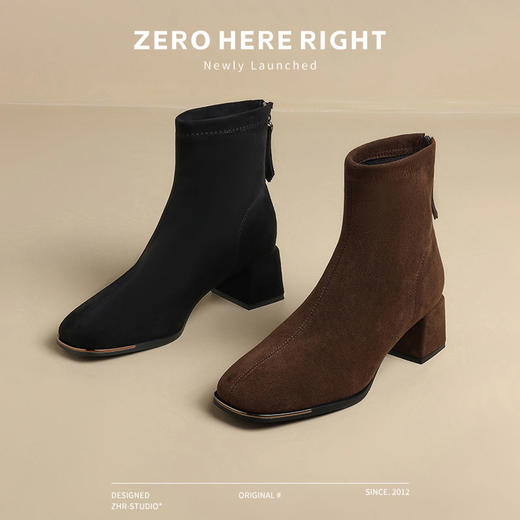 ZHR则则百搭绒面短靴女2024新款方头时装靴粗跟美拉德瘦瘦靴女靴 商品图9