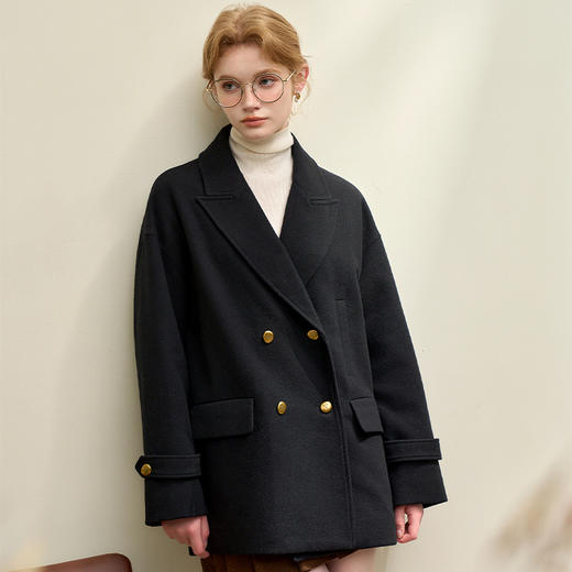 英伦风双排扣翻领中长款大衣女秋季厚保暖呢料外套V4142939 商品图3