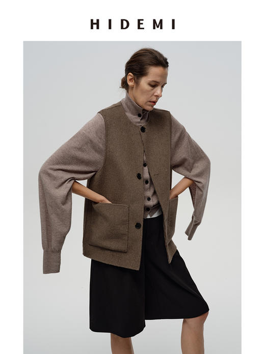 HIDEMI 进口澳洲羊毛双面呢色织格纹纽扣马甲两件套式极简廓形大衣外套 商品图6
