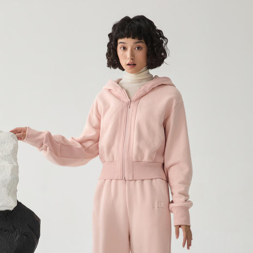 谜底连帽卫衣女开衫2024冬季新品休闲运动粉色时髦上衣244MV1625 商品图0
