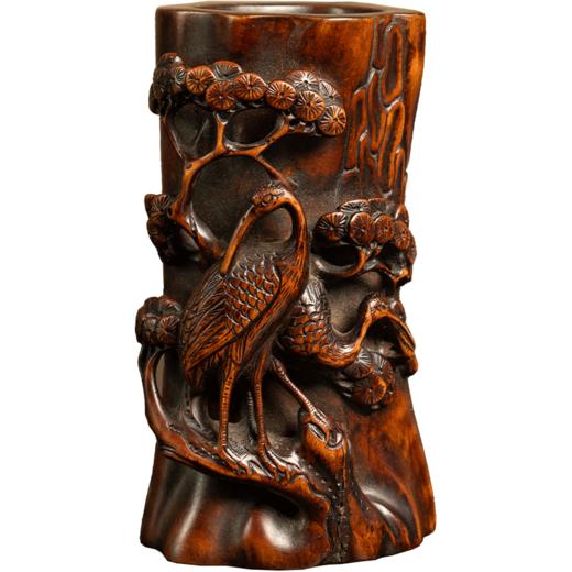 清 黄杨木高浮雕松鹤延年诗文笔筒 商品图5